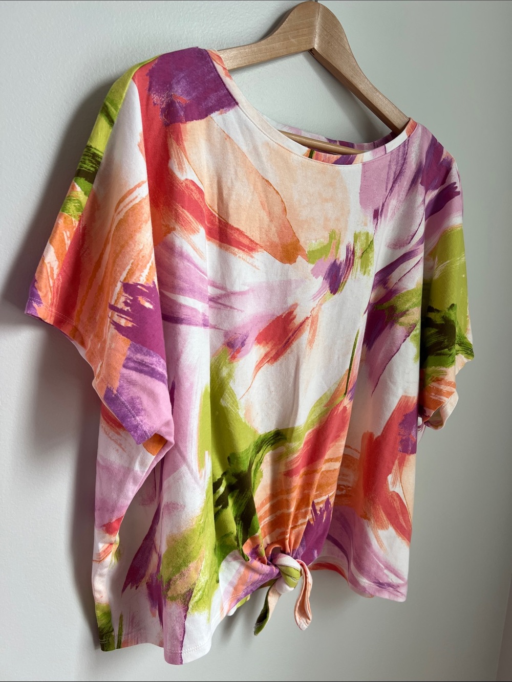 Chico's | White Boxy Tie-Front Cotton Top Pink Green Orange Brushstrokes Sz 3 - Picture 6 of 17